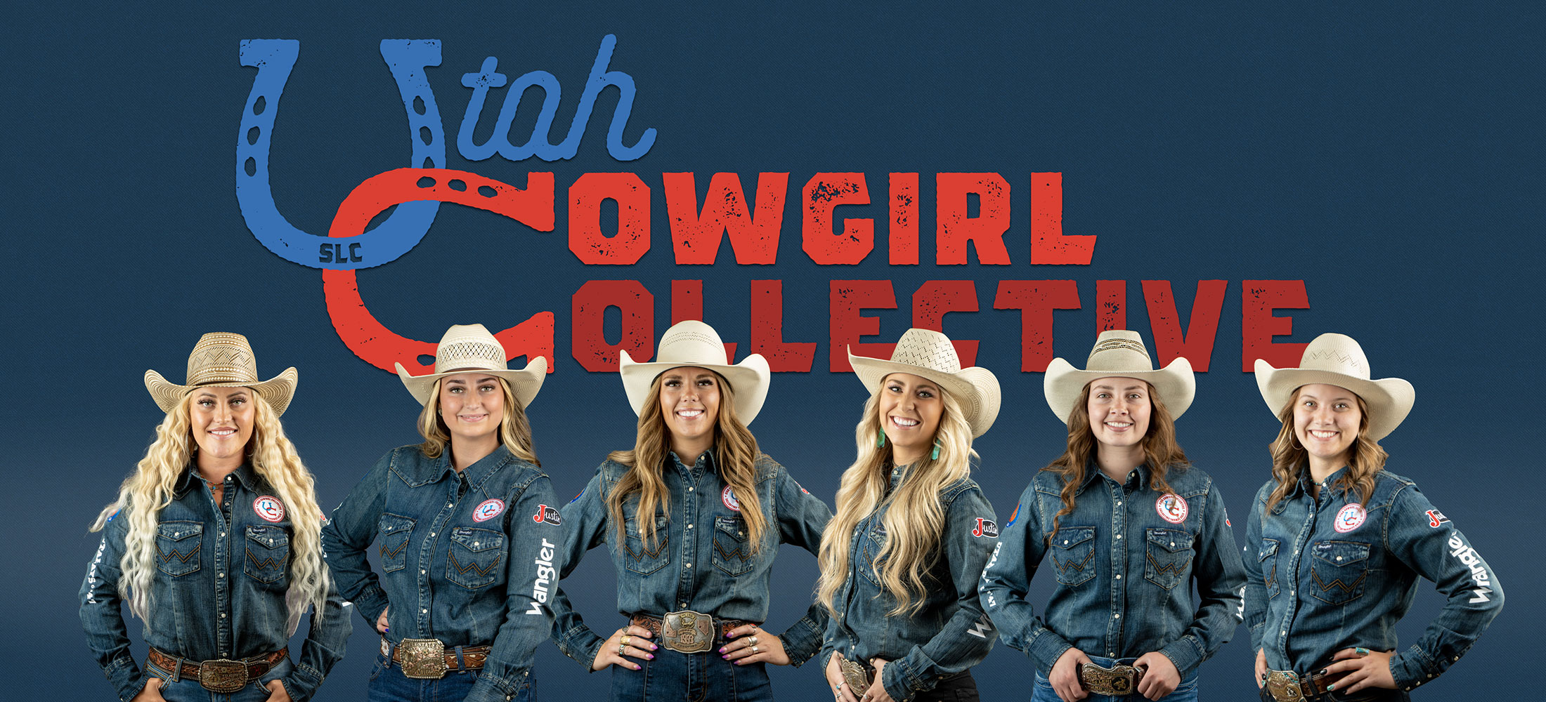 Six cowgirls posing in chaps standing in front of a navy background with the Utah Cowgirl Collective logo.